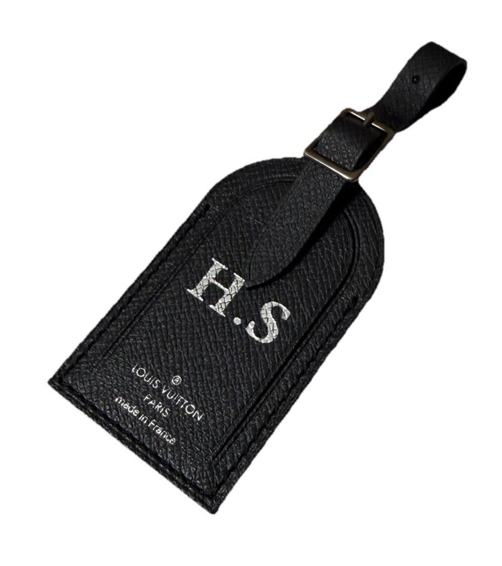 Louis Vuitton Paris Black Leather Luggage Tag Silver tone w/ HS Stamped Initials